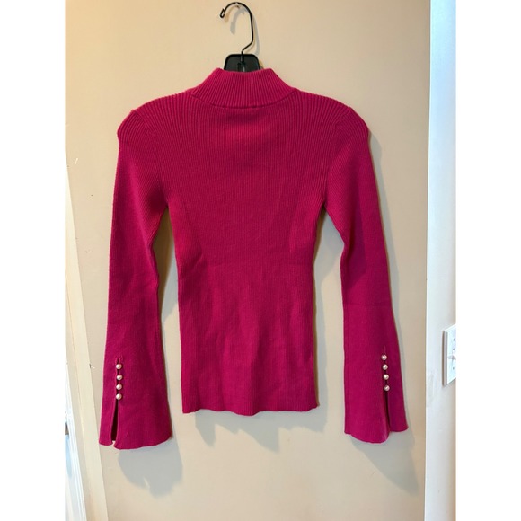 Ann Taylor Sweaters - Ann Taylor Mock Neck Ribbed Sweater Fuchsia Pink Pearl Button Bell Sleeve XS NEW